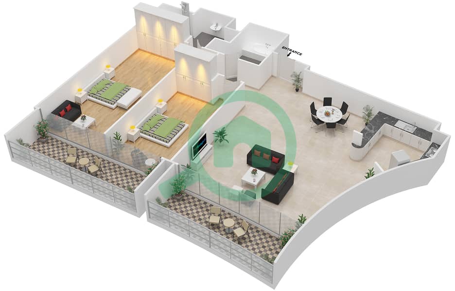 阿治曼科尼切公寓小区 - 2 卧室公寓类型2F戶型图 interactive3D