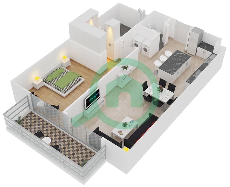 المخططات الطابقية لتصميم النموذج 1-A شقة 1 غرفة نوم - بلجرافيا interactive3D