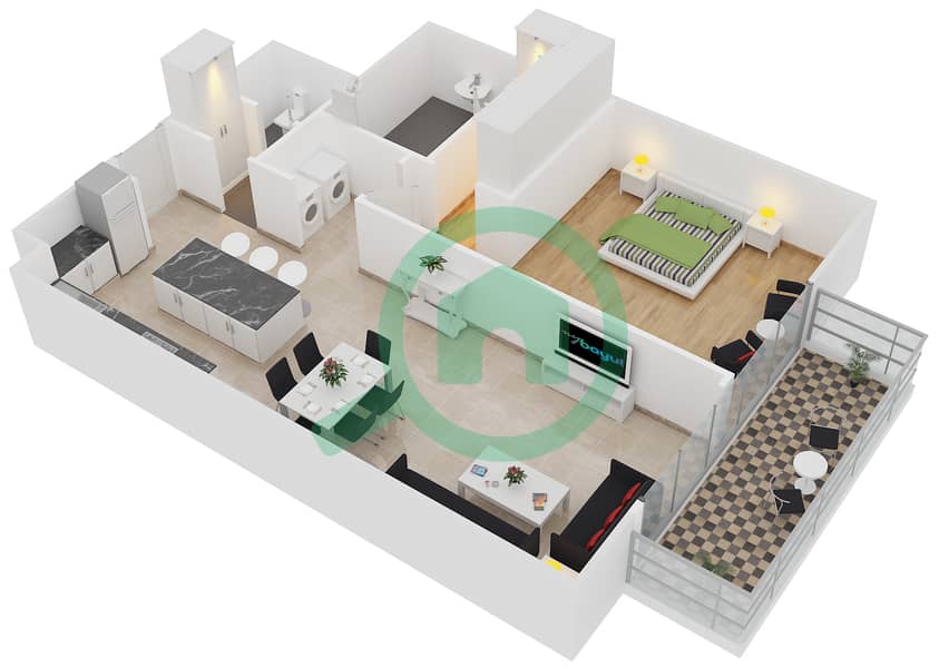 المخططات الطابقية لتصميم النموذج 1-B شقة 1 غرفة نوم - بلجرافيا interactive3D
