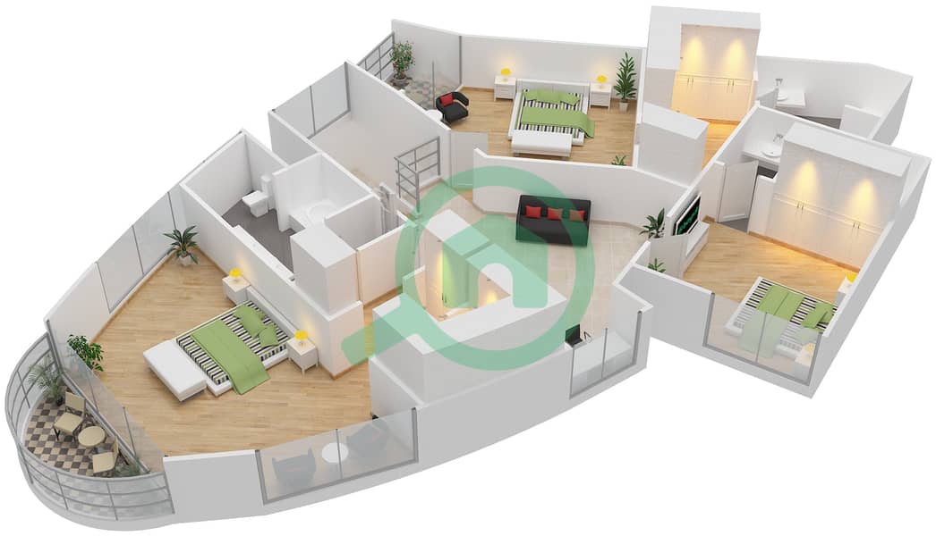 阿治曼科尼切公寓小区 - 3 卧室公寓类型3C戶型图 interactive3D