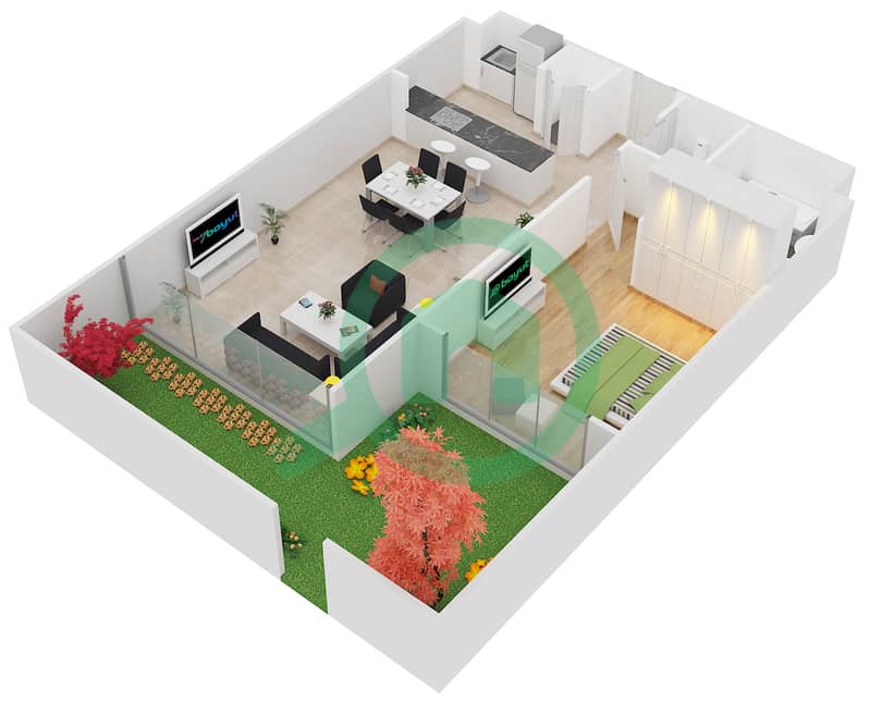 المخططات الطابقية لتصميم النموذج D شقة 1 غرفة نوم - فورتوناتو interactive3D
