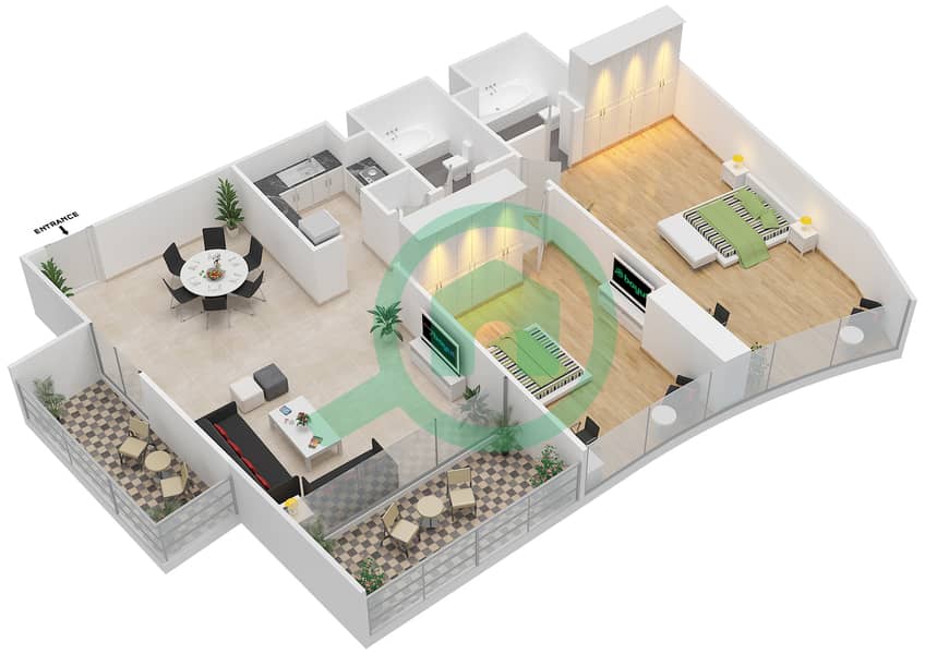 المخططات الطابقية لتصميم النموذج 2K شقة 2 غرفة نوم - مساكن كورنيش عجمان interactive3D