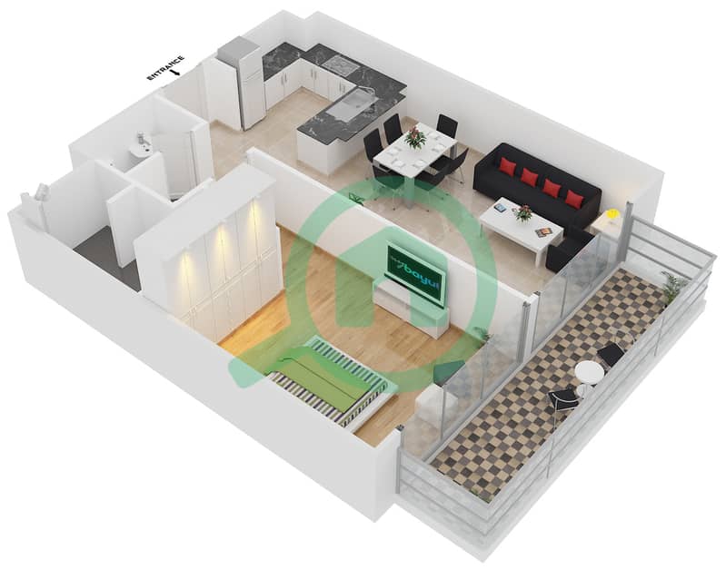المخططات الطابقية لتصميم النموذج 1F شقة 1 غرفة نوم - بلجرافيا 2 interactive3D