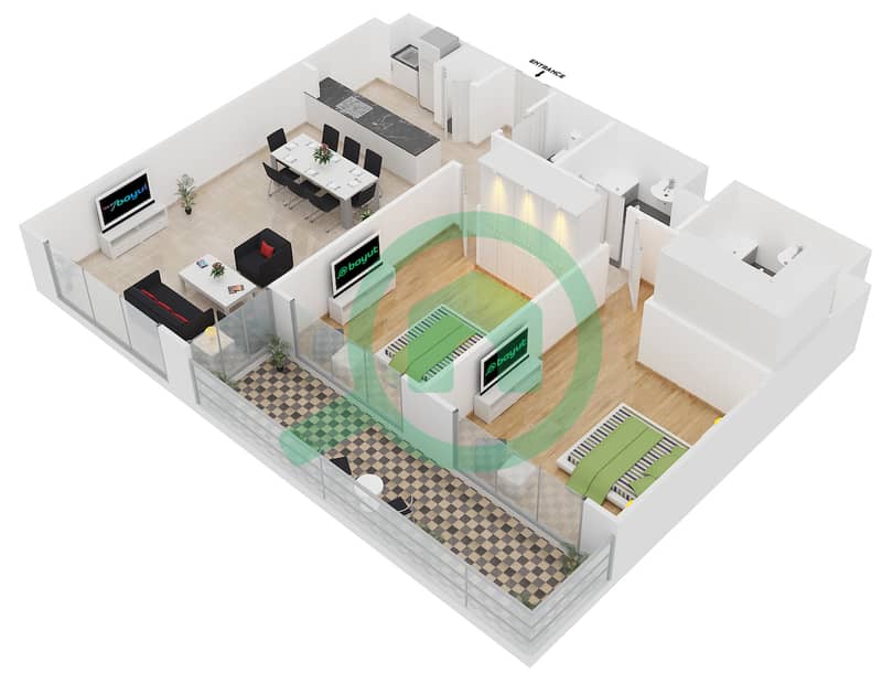 المخططات الطابقية لتصميم النموذج A شقة 2 غرفة نوم - فورتوناتو interactive3D