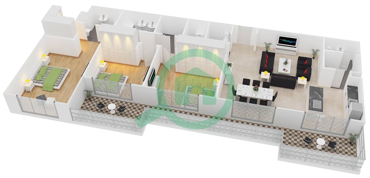 福图纳多住宅楼 - 3 卧室顶楼公寓类型A戶型图 interactive3D