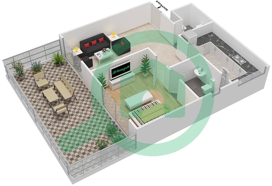 长虹一号住宅楼 - 1 卧室公寓类型／单位4/1B4戶型图 interactive3D