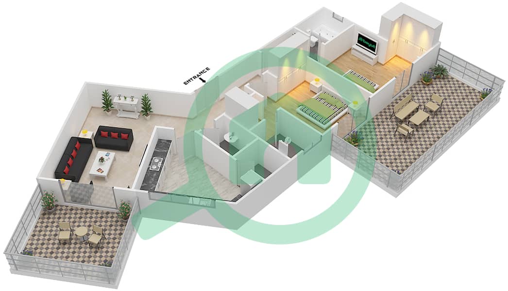 المخططات الطابقية لتصميم النموذج / الوحدة 6/2B4 شقة 2 غرفة نوم - ايفر شاين ون interactive3D
