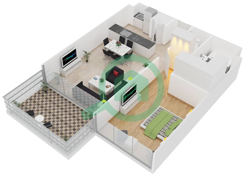 المخططات الطابقية لتصميم النموذج A شقة 1 غرفة نوم - فورتوناتو interactive3D