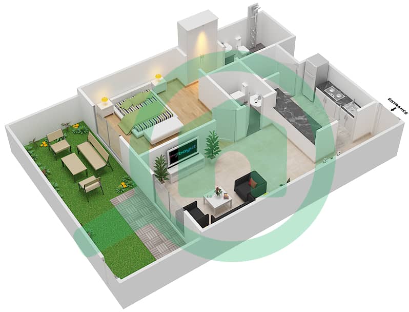 长虹一号住宅楼 - 1 卧室公寓类型／单位1B/1BG戶型图 interactive3D