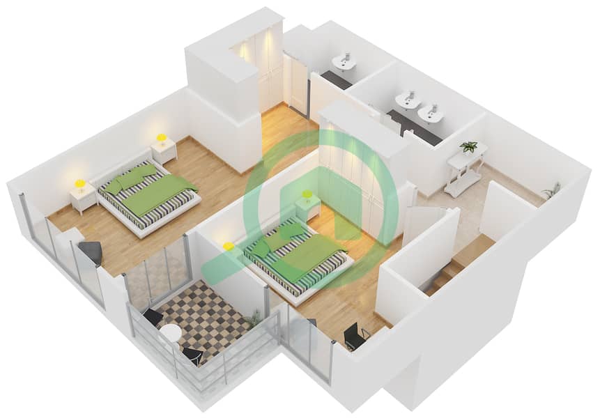 المخططات الطابقية لتصميم النموذج D شقة 2 غرفة نوم - فورتوناتو interactive3D