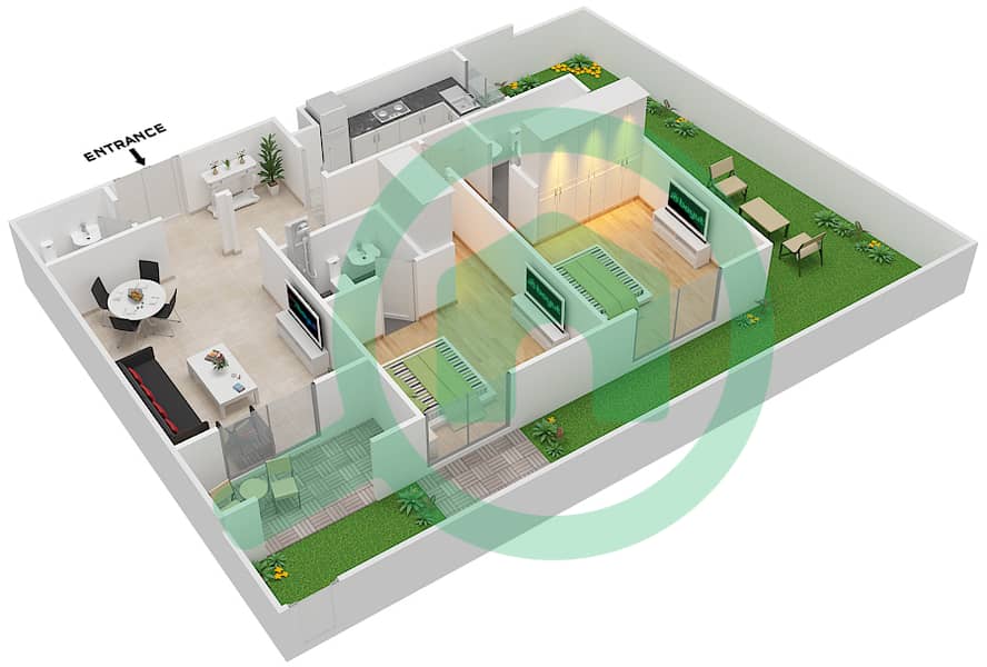 长虹一号住宅楼 - 2 卧室公寓类型／单位1/2BG戶型图 interactive3D