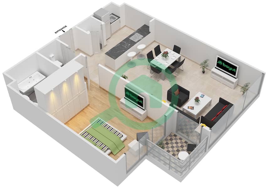 المخططات الطابقية لتصميم النموذج E شقة 1 غرفة نوم - فورتوناتو interactive3D
