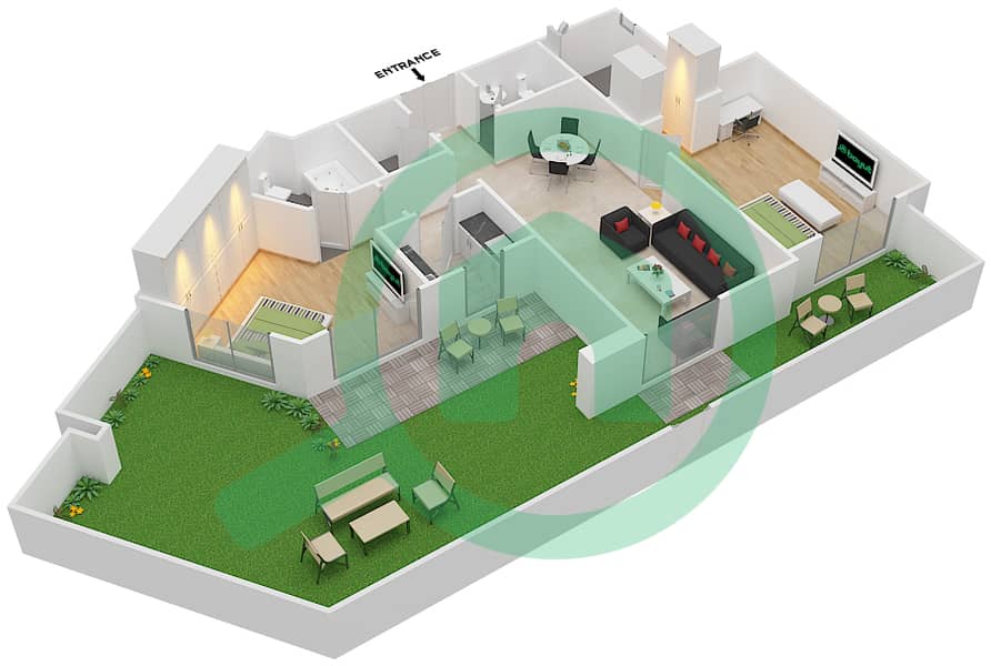 长虹一号住宅楼 - 2 卧室公寓类型／单位3/2BG戶型图 interactive3D
