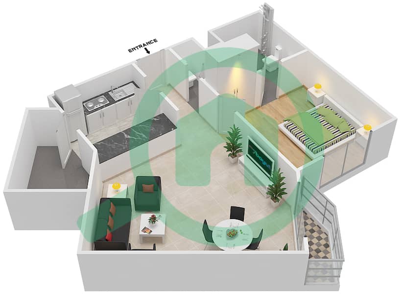 长虹一号住宅楼 - 1 卧室公寓类型／单位2/1BF-1BT-1B4戶型图 interactive3D