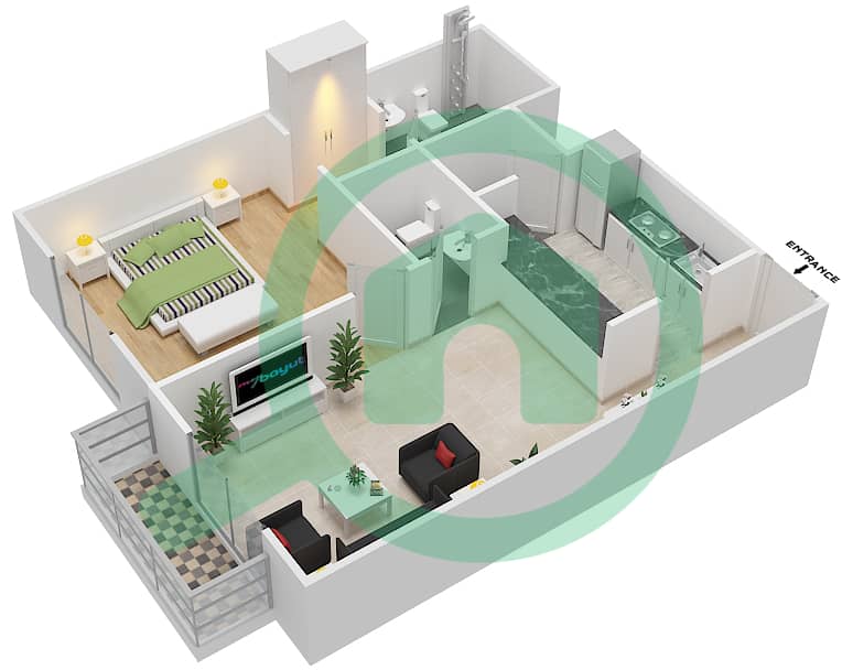 长虹一号住宅楼 - 1 卧室公寓类型／单位1B/1BF-1BT-1B4戶型图 interactive3D