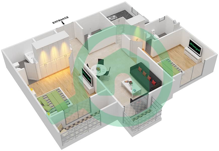 长虹一号住宅楼 - 2 卧室公寓类型／单位2B/2BF-2BT戶型图 interactive3D