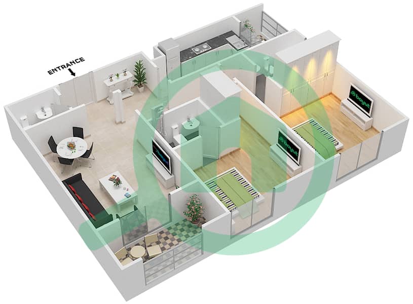 长虹一号住宅楼 - 2 卧室公寓类型／单位3/2BF-GHT戶型图 interactive3D