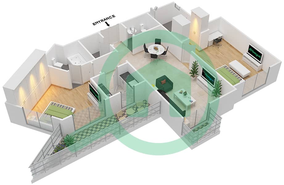长虹一号住宅楼 - 2 卧室公寓类型／单位1/2BF-2BT戶型图 interactive3D