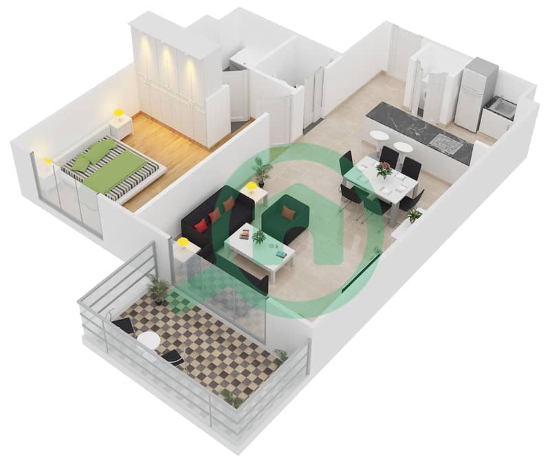 المخططات الطابقية لتصميم النموذج C شقة 1 غرفة نوم - فورتوناتو interactive3D