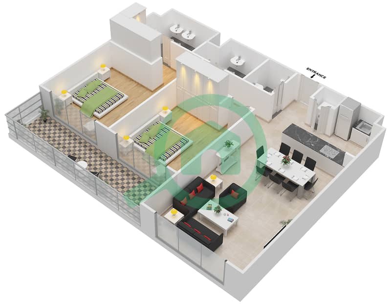 福图纳多住宅楼 - 2 卧室公寓类型B戶型图 interactive3D