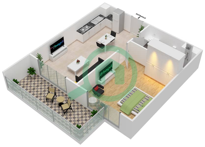 斐欧拉住宅区 - 1 卧室公寓单位1戶型图 interactive3D