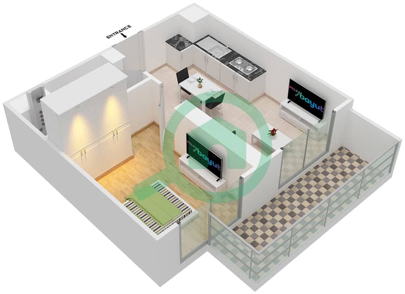 المخططات الطابقية لتصميم الوحدة 4 شقة 1 غرفة نوم - فيورا interactive3D