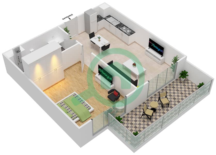 斐欧拉住宅区 - 1 卧室公寓单位2戶型图 interactive3D