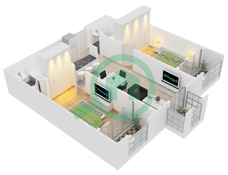 المخططات الطابقية لتصميم النموذج C7 شقة 2 غرفة نوم - ميدان هانوفر interactive3D