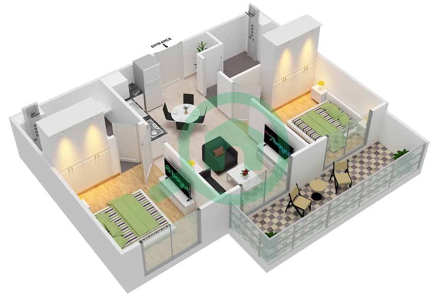 المخططات الطابقية لتصميم الوحدة 8 شقة 2 غرفة نوم - فيورا interactive3D
