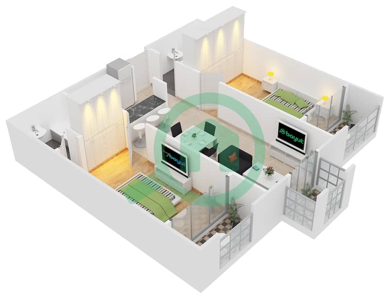 المخططات الطابقية لتصميم النموذج C6 شقة 2 غرفة نوم - ميدان هانوفر interactive3D