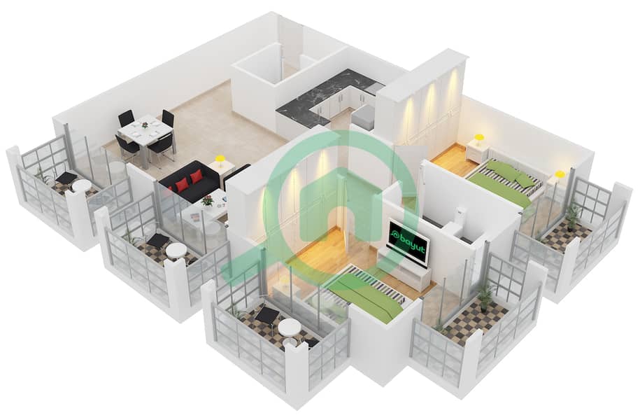 المخططات الطابقية لتصميم النموذج C4 شقة 2 غرفة نوم - ميدان هانوفر interactive3D