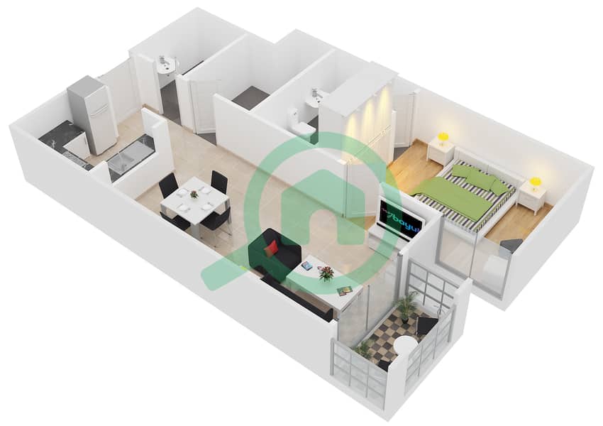 المخططات الطابقية لتصميم النموذج C9 شقة 1 غرفة نوم - ميدان هانوفر interactive3D