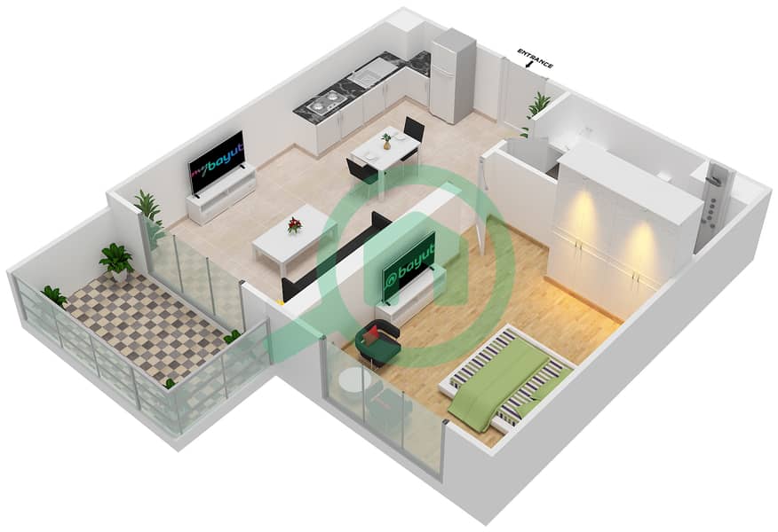 المخططات الطابقية لتصميم الوحدة 11 شقة 1 غرفة نوم - فيورا interactive3D