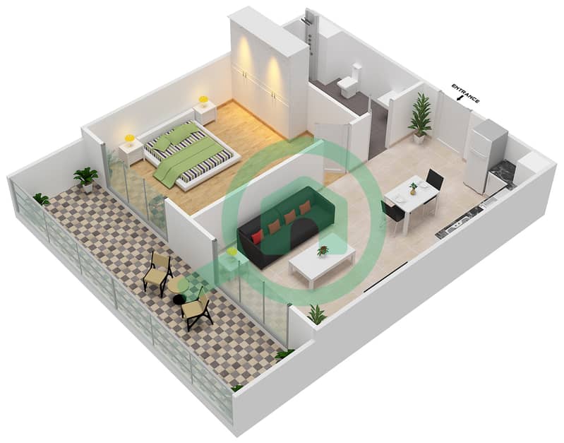 المخططات الطابقية لتصميم الوحدة 14 شقة 1 غرفة نوم - فيورا interactive3D