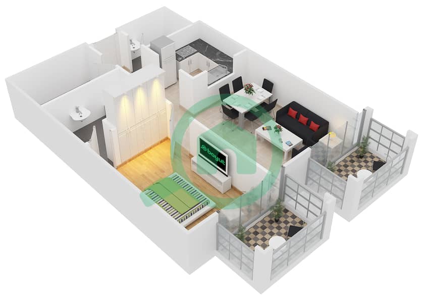 Hanover Square - 1 Bedroom Apartment Type C2 Floor plan interactive3D