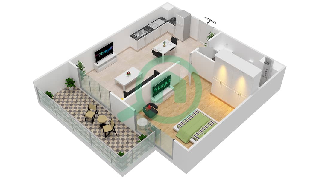 المخططات الطابقية لتصميم الوحدة 18 شقة 1 غرفة نوم - فيورا interactive3D