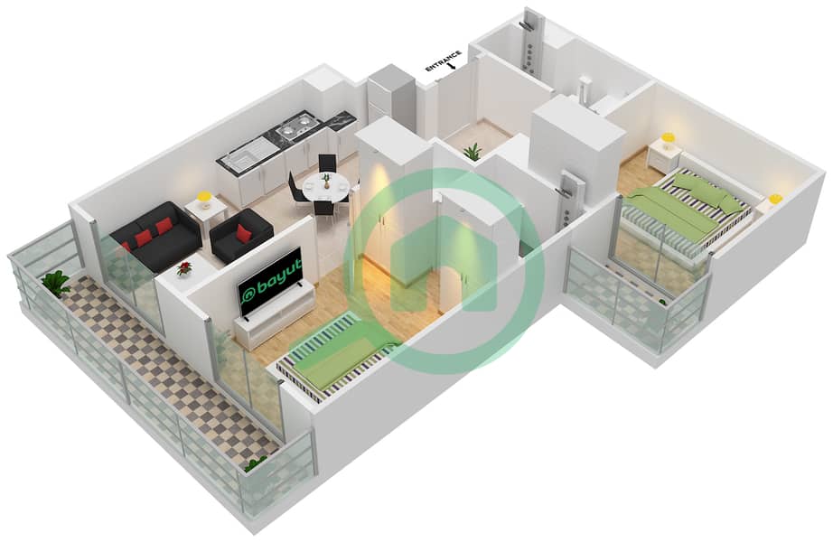 斐欧拉住宅区 - 2 卧室公寓单位7戶型图 interactive3D