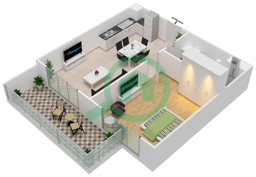 المخططات الطابقية لتصميم الوحدة 20 شقة 1 غرفة نوم - فيورا interactive3D