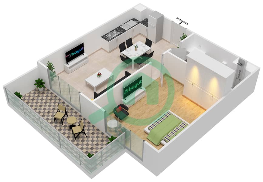 斐欧拉住宅区 - 1 卧室公寓单位20戶型图 interactive3D