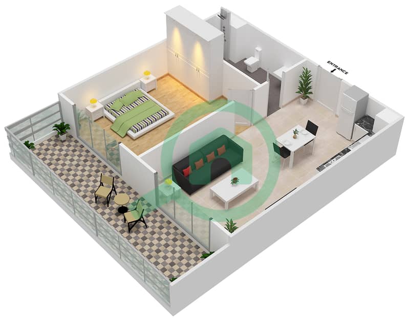 斐欧拉住宅区 - 1 卧室公寓单位21戶型图 interactive3D