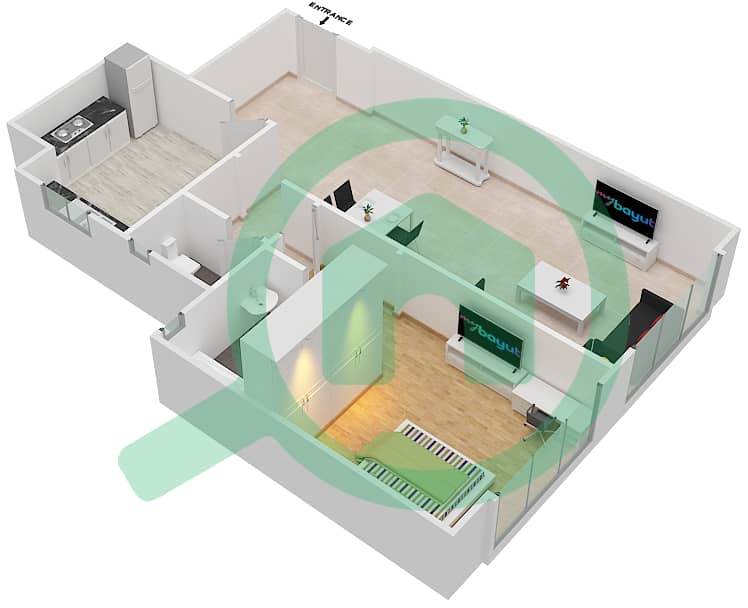 المخططات الطابقية لتصميم الوحدة 1 شقة 1 غرفة نوم - برج المستقبل 2 interactive3D