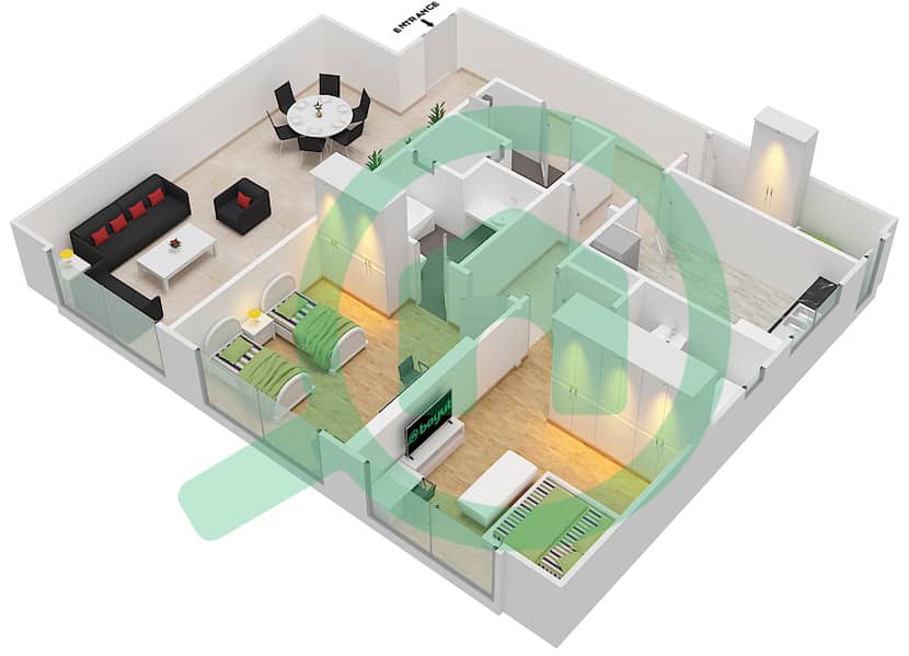 المخططات الطابقية لتصميم الوحدة 2 شقة 2 غرفة نوم - برج المستقبل 2 interactive3D