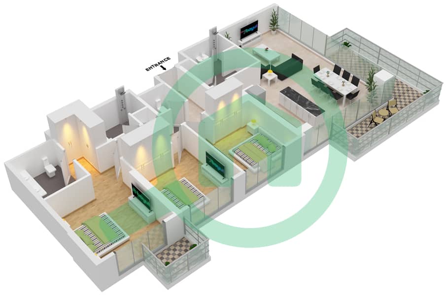 高尔夫套房公寓大楼 - 3 卧室公寓单位105,05,08戶型图 interactive3D