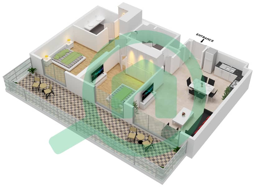 المخططات الطابقية لتصميم الوحدة 106 شقة 2 غرفة نوم - جولف سويتس interactive3D