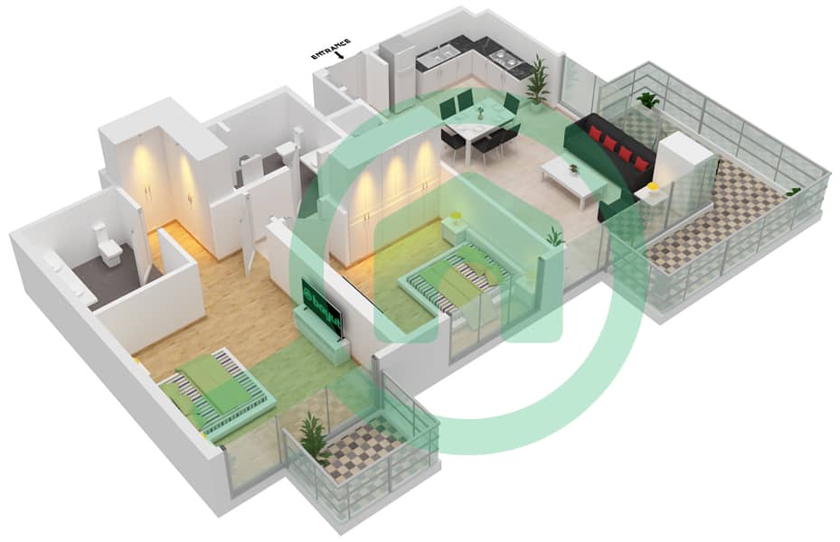 المخططات الطابقية لتصميم الوحدة 102,2,11 شقة 2 غرفة نوم - جولف سويتس interactive3D