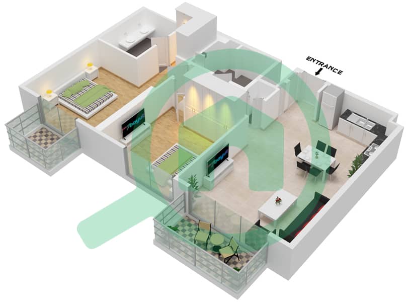 المخططات الطابقية لتصميم النموذج 103-104,114,3-4,7,15 شقة 2 غرفة نوم - جولف سويتس interactive3D