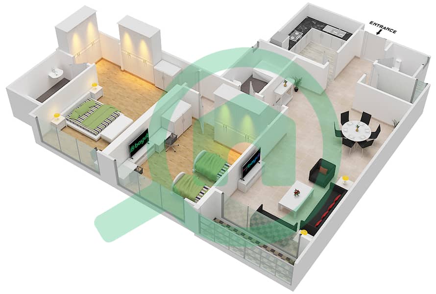 المخططات الطابقية لتصميم النموذج D شقة 2 غرفة نوم - برج المستقبل 2 interactive3D