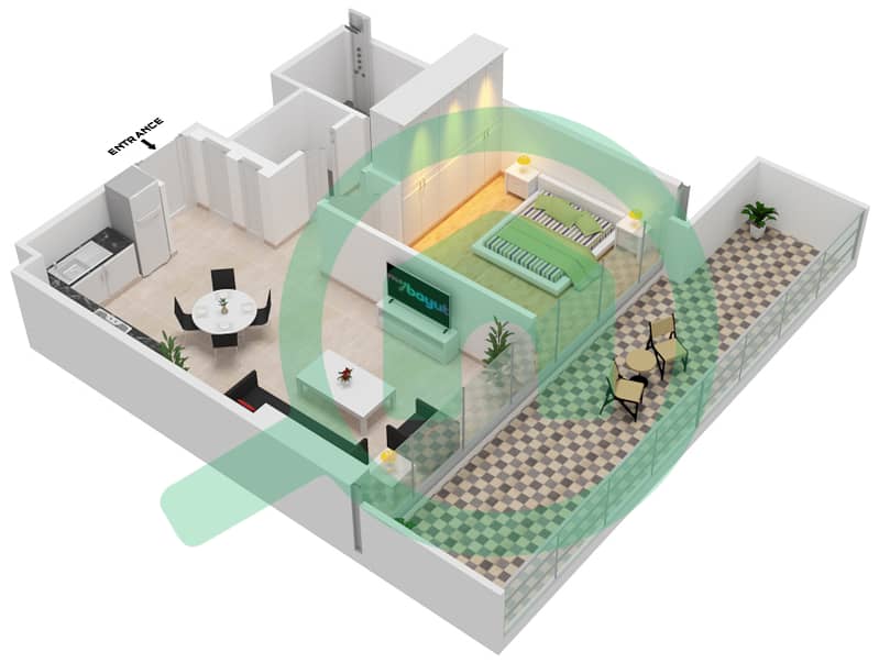 المخططات الطابقية لتصميم الوحدة 107 شقة 1 غرفة نوم - جولف سويتس interactive3D