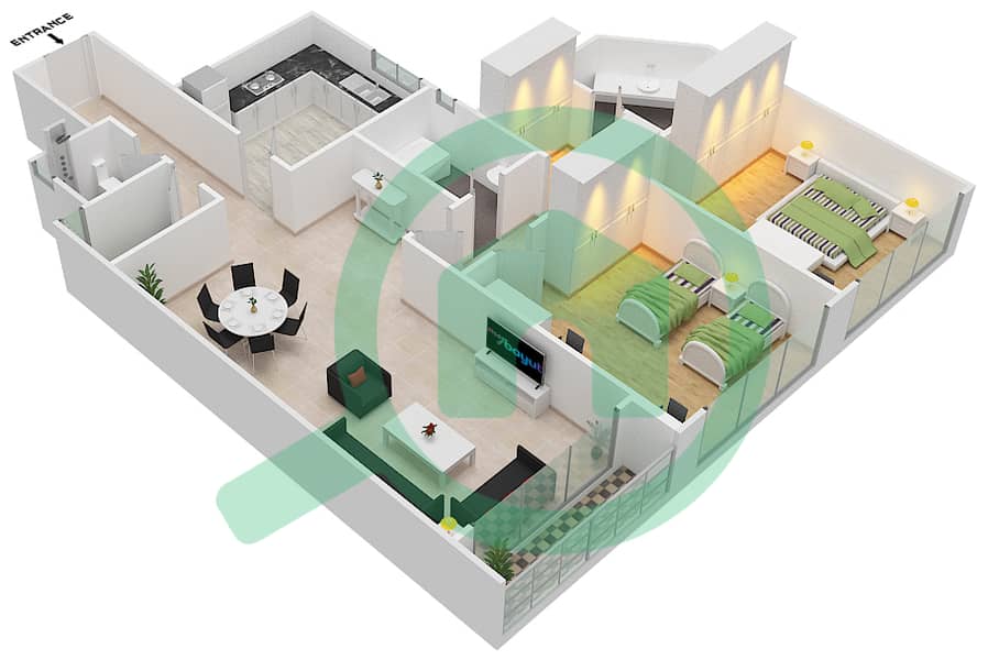 المخططات الطابقية لتصميم الوحدة 5 شقة 2 غرفة نوم - برج المستقبل 2 interactive3D