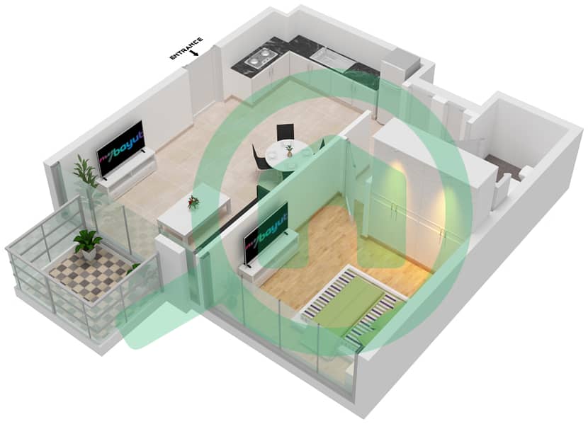 高尔夫套房公寓大楼 - 1 卧室公寓单位101,1,1101戶型图 interactive3D